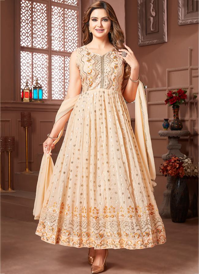 Peach Faux Georgette Wedding Wear Embroidery Work Gown With Dupatta